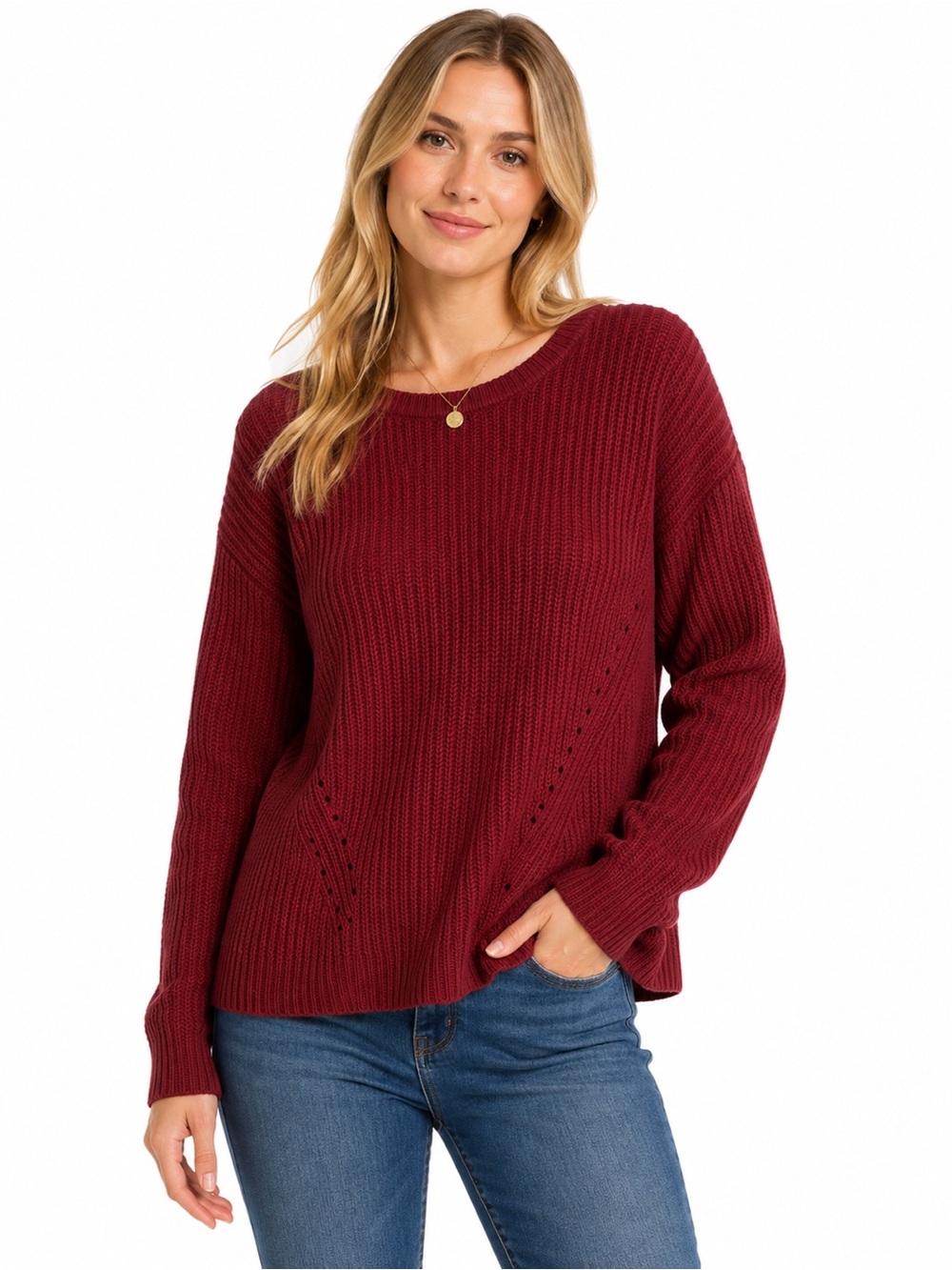 Classic Rib-Knit Crewneck Sweater - Burgundy -1018